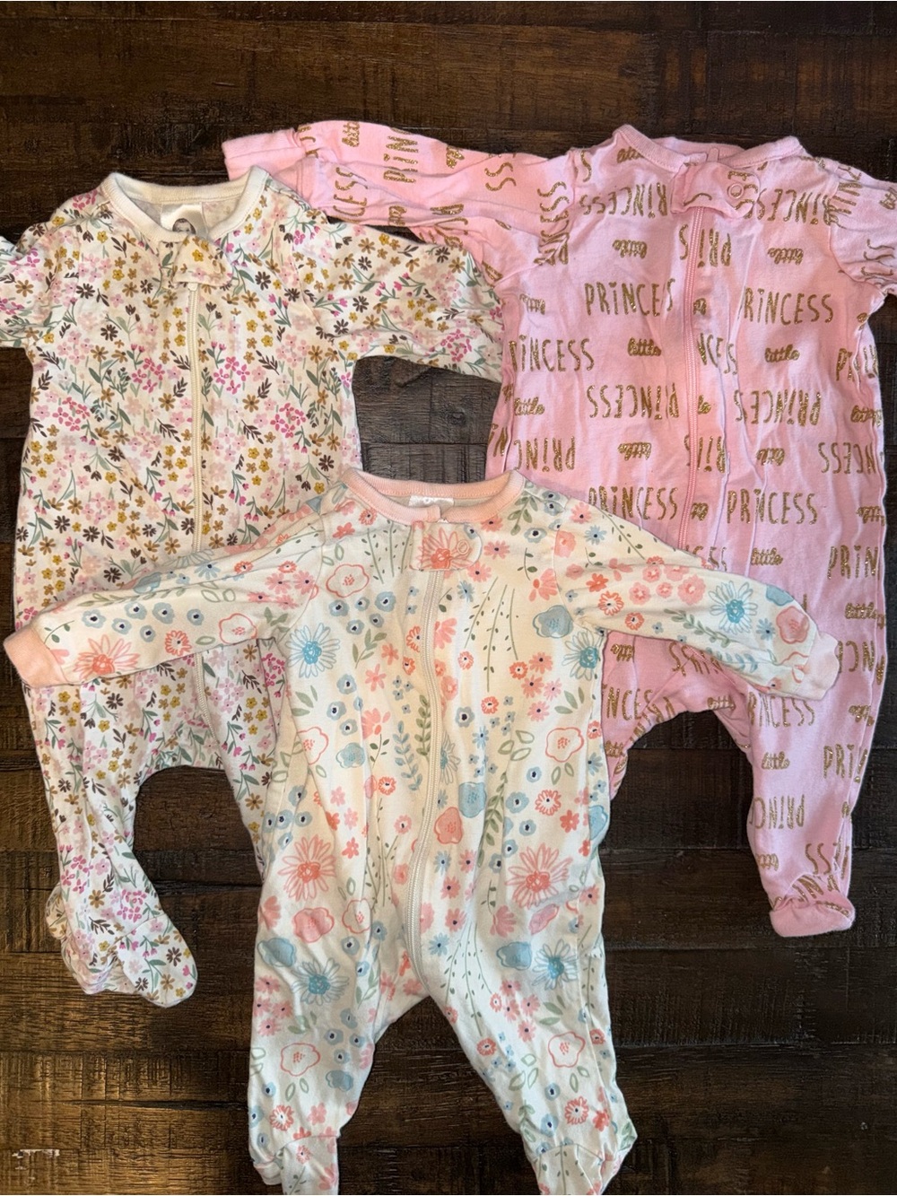 Gerber Pink and Cream Floral & Princess Footie Sleepers - Pack of 3
